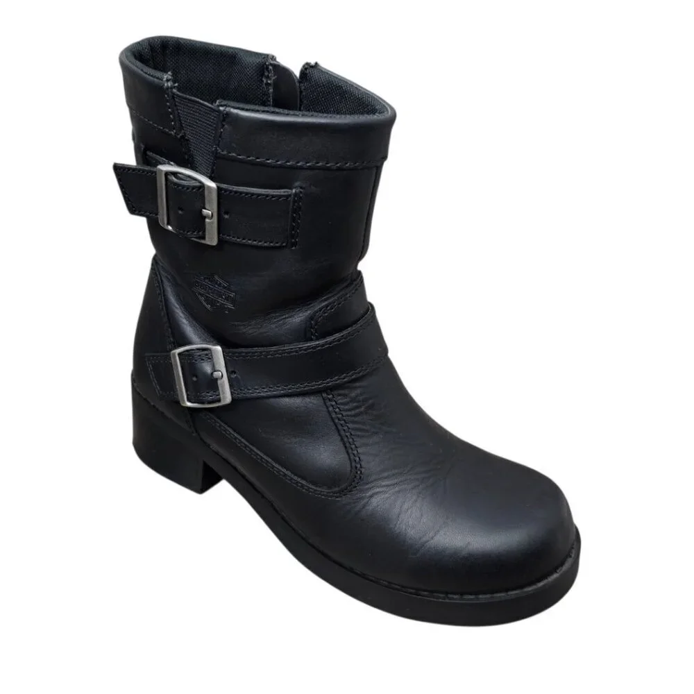 Harley Davidson Shelby Leather Buckle Zip Black Ankle Motorcycle Boots #83542